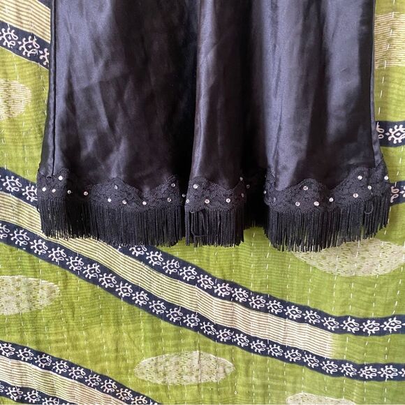 Vintage Y2K Black Silk Bedazzled Fringe Slip Dress Size Extra Small - Picture 7 of 15